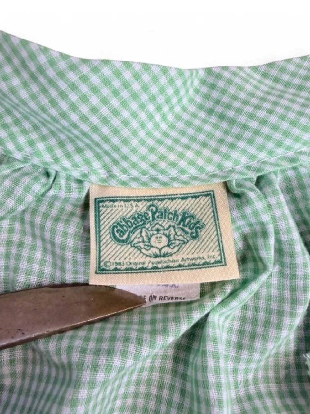 Vintage 80s Cabbage Patch Kids Girl Dress Size 2 Green Gingham Sleeveless tie